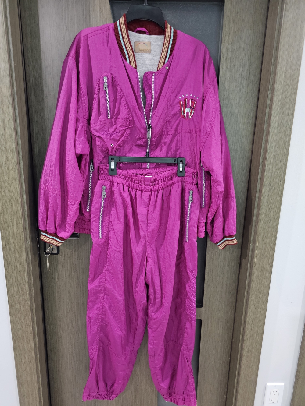 Bogner Women's Magenta Bomber Jacket Nylon Vintage 90s Tracksuit Set Size S M
